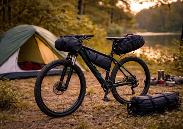 Rower gotowy do bikepacking gravel. Namiot i sprzęt kempingowy czekają nad jeziorem.