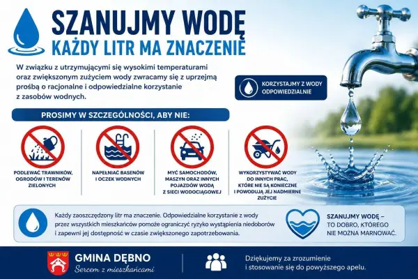 Kran z kroplą wody symbolizuje oszczędzanie wody. Plakat przypomina o racjonalnym korzystaniu z zasobów wodnych, podkreślając, że każdy litr ma znaczenie.