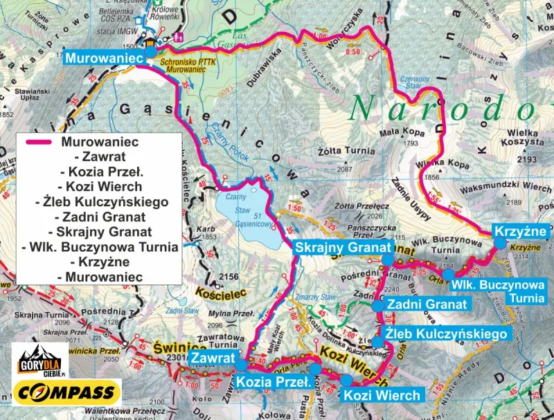 Mapa turystyczna Tatr z zaznaczonymi szlakami, w tym trasą przez **przełęcz w Tatrach** prowadzącą na szczyty takie jak Kozi Wierch i Zawrat.